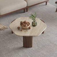 Table Basse Ronde GEDO Wabi-Sabi 2026 avec Pieds en Bois Massif et Plateau en Pierre Frittée/Pierre Naturelle pour Salon