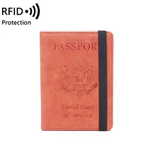 Benutzer definiertes Logo Pu Leder RFID USA Logo Gummiband Reisepass halter