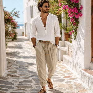 <span class=keywords><strong>Pantaloni</strong></span> Harem da Uomo <span class=keywords><strong>in</strong></span> Cotone e <span class=keywords><strong>Lino</strong></span> <span class=keywords><strong>con</strong></span> Motivo Etnico, Vestibilità Ampia, <span class=keywords><strong>Vita</strong></span> Elastica, Casual Estivi da Spiaggia, Stile Boho - Product Image 3