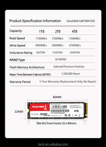 Новый твердотельный накопитель Great Wall GW7000 NVMe M.2 2280 PCIe 4.0 (Gen4 X4) SSD 2 ТБ 3D NAND TLC NVMe 1.4 внутренний SSD - Product Image 6