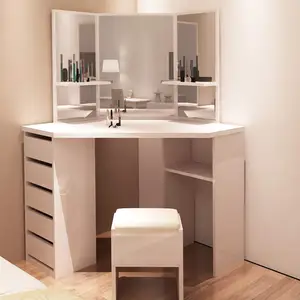 Coiffeuse blanche cintrée avec 3 miroirs et 5 tiroirs, table de maquillage, coin