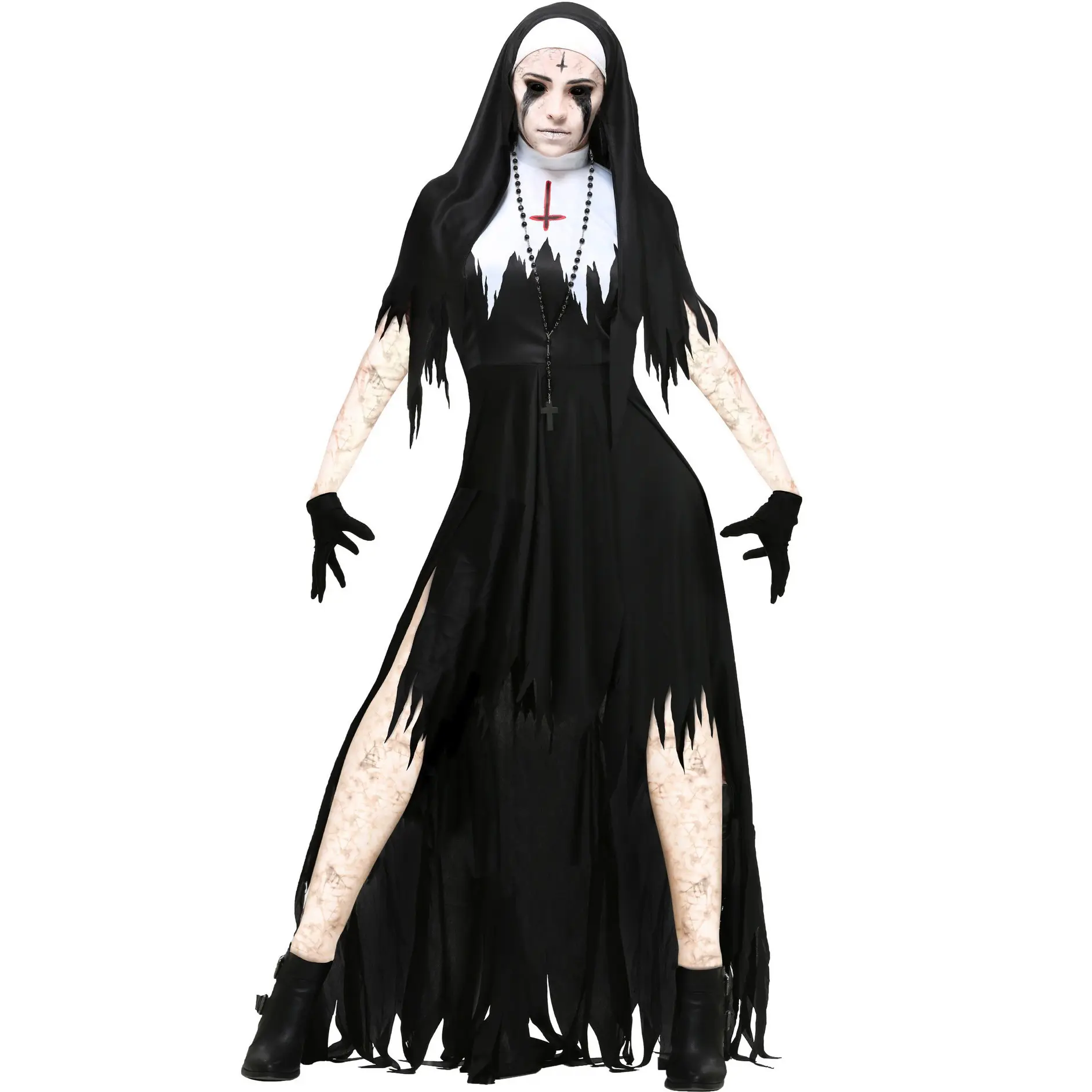 Disfraz de monja Zombie negro para mujer al por mayor, disfraz de monja de terror para fiesta de Halloween, disfraz de monja para mujer