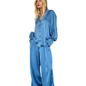 Set <span class=keywords><strong>da</strong></span> donna in Batch di abbigliamento Casual in raso cobalto in due pezzi morbido Set di lusso lungo in due pezzi <span class=keywords><strong>camicia</strong></span> <span class=keywords><strong>da</strong></span> <span class=keywords><strong>notte</strong></span> frontale <span class=keywords><strong>con</strong></span> <span class=keywords><strong>bottoni</strong></span> - Product Image 1