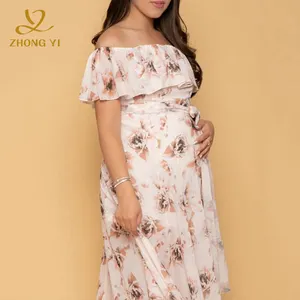 2023 Custom Women Flowy Clothing Pregnancy Skirt Design Print Ruffle Sleeve One Shoulder Loose Maxi Length Maternity Dresses