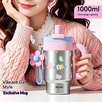 Bouteille d'eau isotherme double paroi en acier inoxydable avec poignée, grande capacité, élégante, pour femmes, avec paille et motif dessin animé mignon, pour étudiants