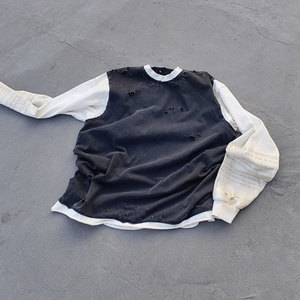 T-shirt a maniche lunghe da uomo Huili New <span class=keywords><strong>Trend</strong></span> in cotone pesante lavato effetto <span class=keywords><strong>vintage</strong></span>, personalizzabile con stampa serigrafica e blocchi di colore distressed - Product Image 1