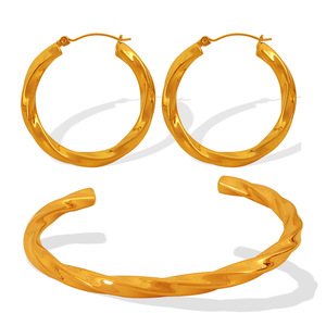 Hoop Earrings Twisted Metal Open Bracelet Titanium Steel Fashion For Women Party Jewelry Set - Product Image 5