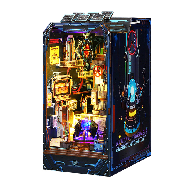 Futuristic Renewable Energy Wooden Book Nook Miniature Bookend DIY Assembly Kit Glowing Blue Energy Core Sign Decor