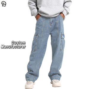 Jeans Cargo <span class=keywords><strong>da</strong></span> <span class=keywords><strong>Uomo</strong></span> Personalizzati in Denim Lavato, Gamba Larga, Multitasche, Stile Streetwear, Vestibilità Comoda, <span class=keywords><strong>Pantaloni</strong></span> alla Moda - Product Image 1