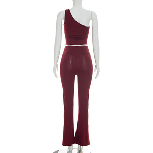 Viviblook Y26ST101 Women Summer Set Slash Collar Off Shoulder Top <b>Elastic</b> Waist High Waist Flared Pants Two Piece Set - Product Image 6