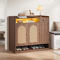 Meuble à chaussures en noyer avec éclairage LED et portes en rotin, étagères réglables, buffet de rangement d'entrée avec tiroir