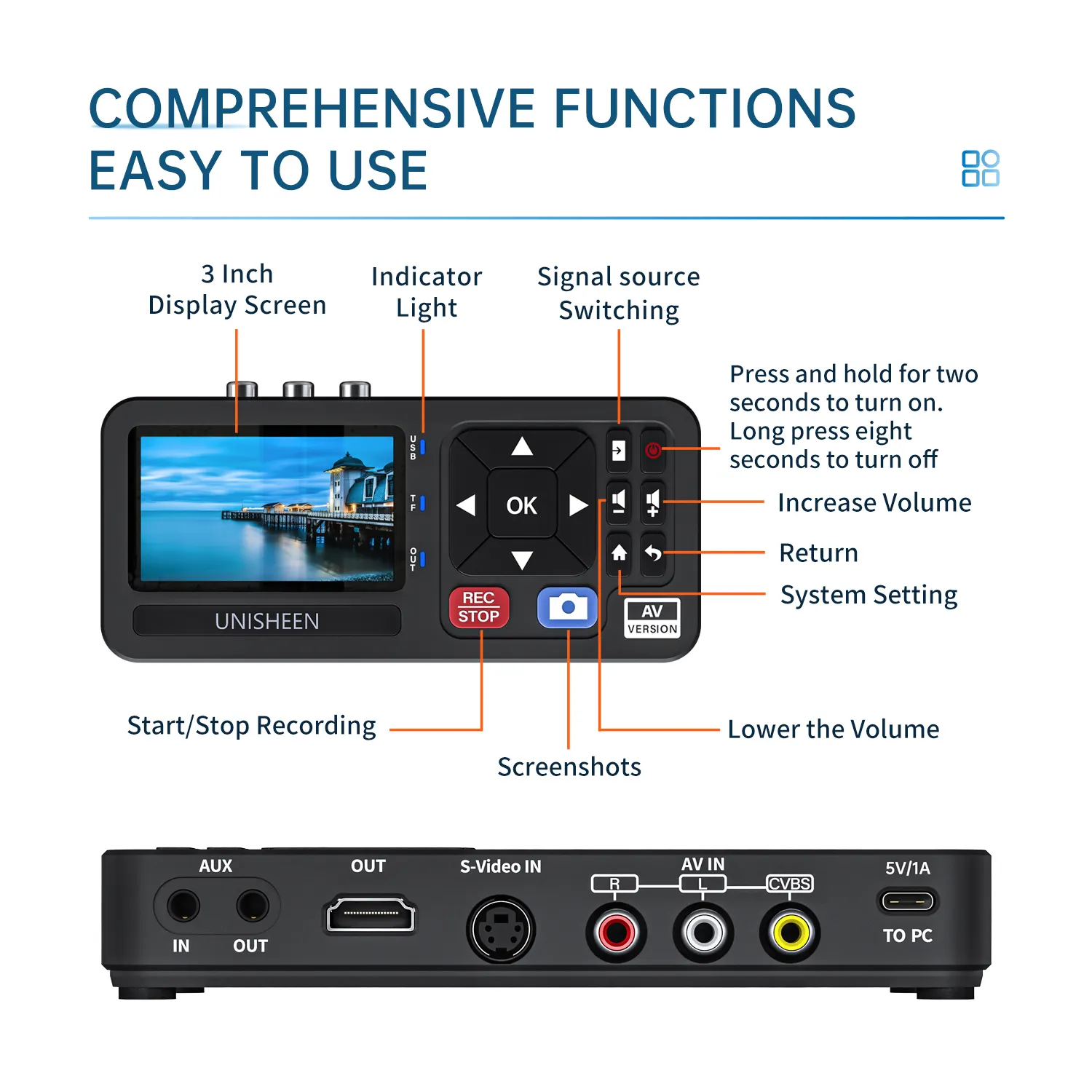 Unisheen One Touch Standalone-Digital konverter Aufnahme video von VHS HI8 Camcorder Set-Top-Box S-Video-Cinch-AV-Ausgänge