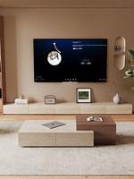 Table basse en travertin de style moderne minimaliste du milieu du siècle, avec meuble TV et espace de rangement, aucun assemblage requis