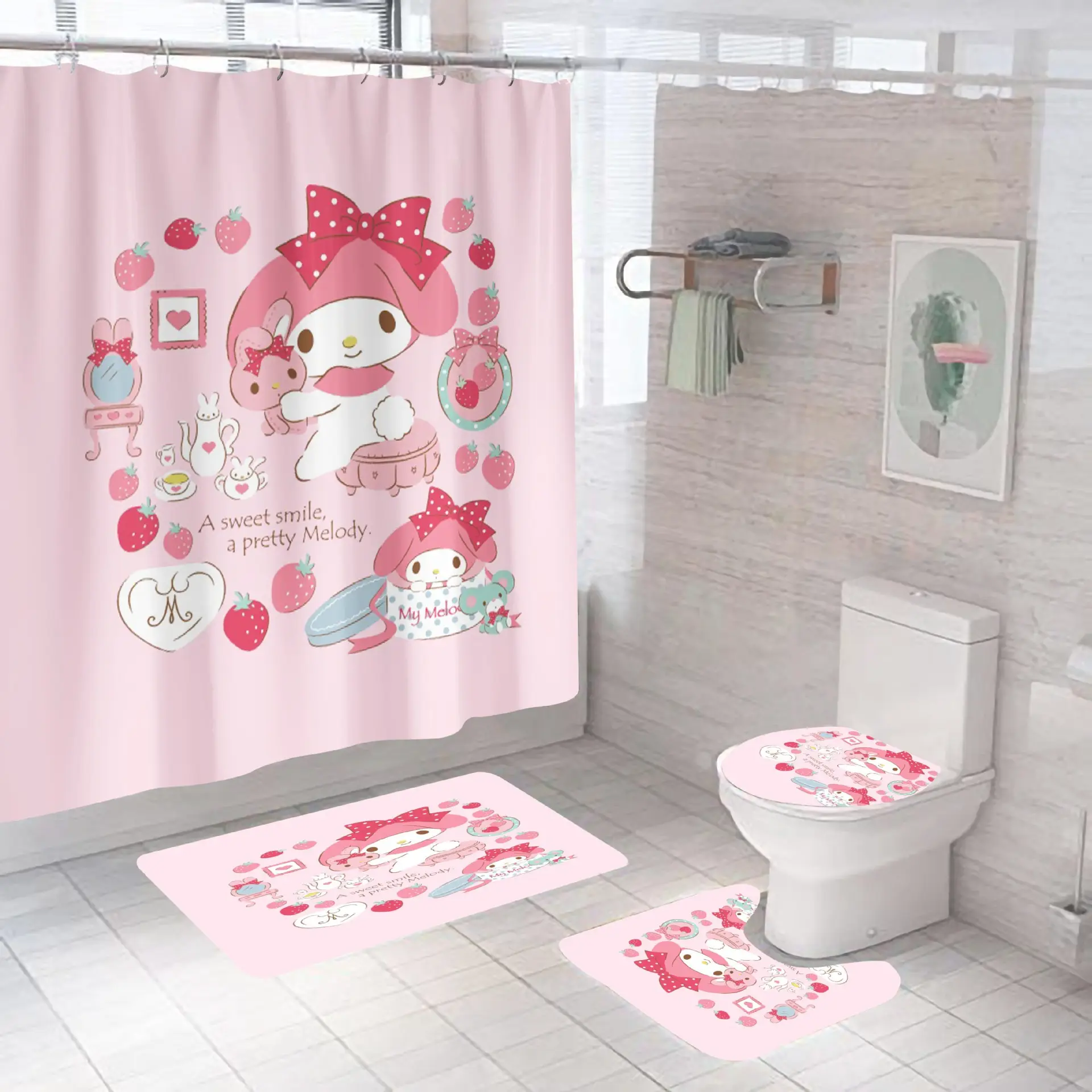 Modern Fashion Designers Pink Cat Kitty Polyester Waterproof Bathroom Shower Curtains with Mats for Kids