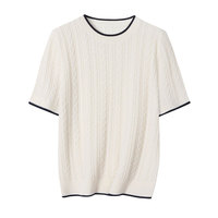 Blusa de punto trenzado de mezcla de lana y cachemira para mujer, manga corta, cuello redondo, jacquard retorcido, estilo preppy, OEM
