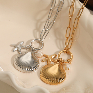 CLIORO Trendy Edelstahl Halskette Summer Beach Vergoldete Jakobs muscheln Starfish Pearl Anhänger Halsketten Schmuck für Frauen - Product Image 5