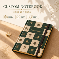 Carnet de notes LABON personnalisé sur le thème de la forêt, vert crème, motif damier, avec dorure à chaud, oiseaux, pommes de pin, champignons, acorns, bords dorés et bande élastique