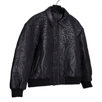 Blouson Bomber Homme en Cuir PU Gaufré Motif Paisley Col Montant Brodé Style Streetwear Hiver Coupe Droite