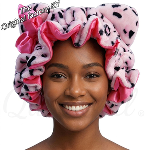 Gorro de Dormir de Felpa Rosa de 35 cm con Orejas de Animal, Forro de Satén, Gorro de Noche para Dormir, Protección para Cabello <span class=keywords><strong>Rizado</strong></span>, Gorro de Spa de Doble Capa - Product Image 1