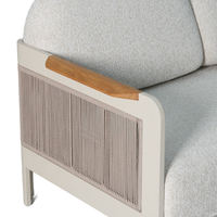 Aslan Tasarımlı Modern Minimalist Dayanıklı Bahçe Koltuk Takımı Alüminyum Çerçeveli Bej Dokuma Halat Tik Ağacı Kolçaklı Hava Koşullarına Dayanıklı Dış Mekan