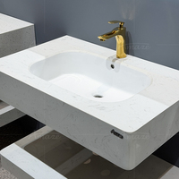 Meuble de salle de bain mural moderne de luxe à deux niveaux avec lavabo en pierre artificielle et miroir LED