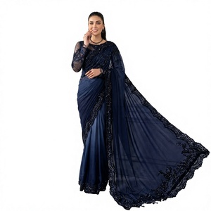 Sari en soie bleu marine élégant avec bordure brodée pour les occasions de mariage, sari indien et pakistanais pour femmes, longueur au sol - Product Image 1