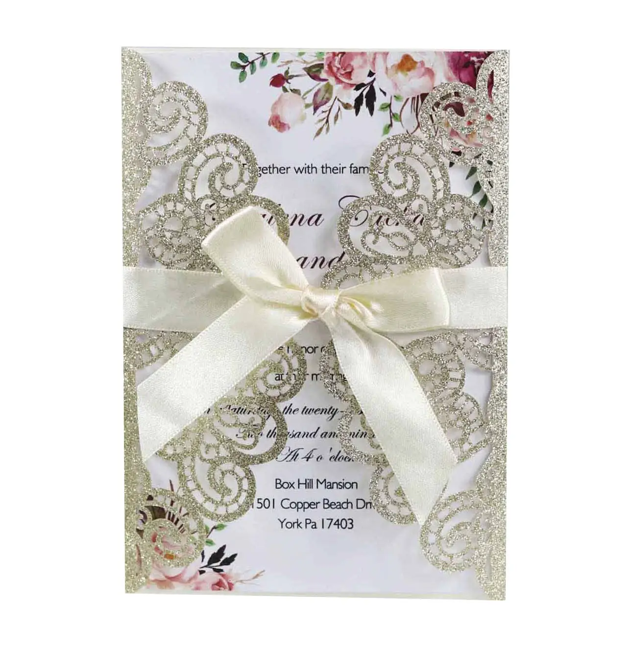 Glitter powder paper material silk ribbon decor luxury wedding invitation card with envelope marriage card invitation