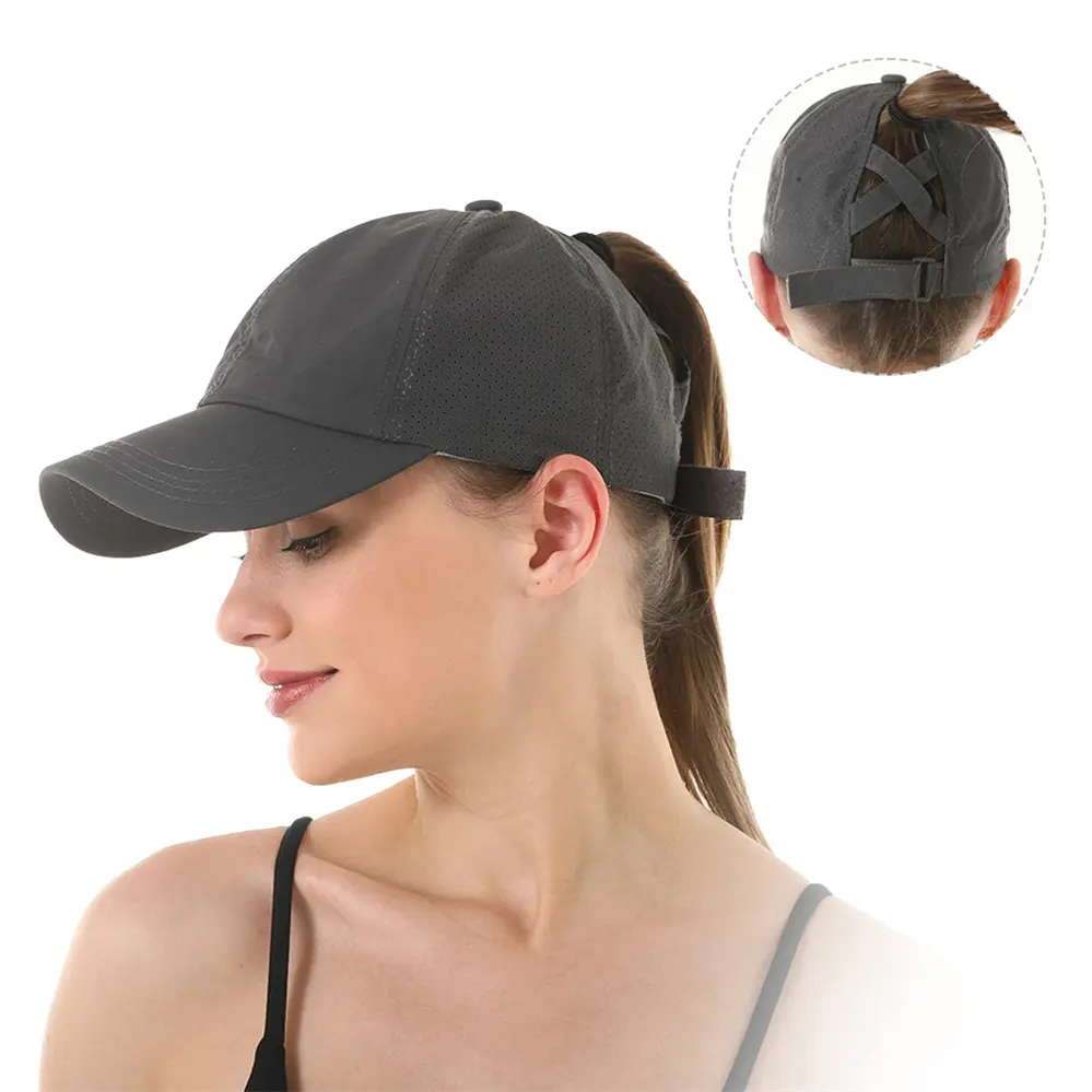 Nylon Sports Cap with Laser Cut Vented Holes of Women Running Hat with Ponytail at Back Custom Hat OEM Professional Vendor