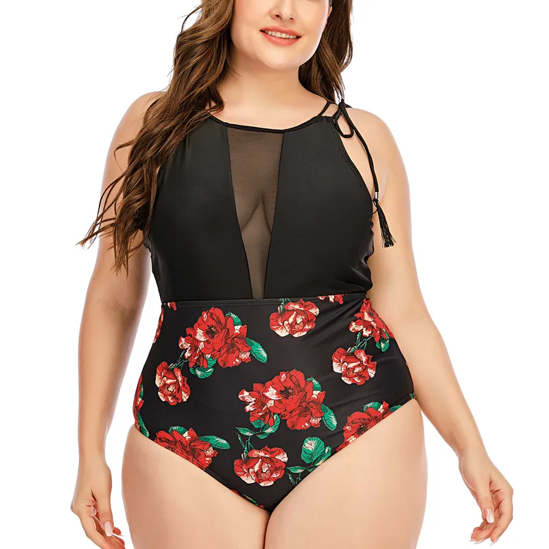 Vrouwen Een Stuk Badpak Hoge Hals Plunge Mesh Ruches Monokini Badmode Bloemenprint Badpak Plus Size Zwemkleding Xxl