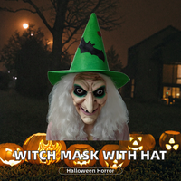 Masque de sorcière écologique avec chapeau et perruque, accessoires de déguisement d'horreur, masques d'Halloween en latex naturel pour adultes