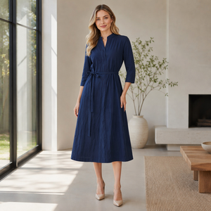 <span class=keywords><strong>Abito</strong></span> Midi da Donna <span class=keywords><strong>Blu</strong></span> Navy in Misto Cotone e <span class=keywords><strong>Lino</strong></span>, Collo Alto, Maniche 3/4, Cintura Annodabile, Vestito Casual Ampio e Dritto con Tasche - Product Image 3