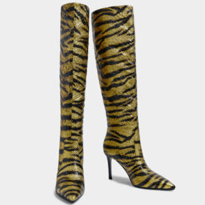 Kalın sivri burun Stilettos diz-yüksek kadın kaplan şerit batı moda çizmeler rahat yumuşak kış sonbahar bahar için - Product Image 5