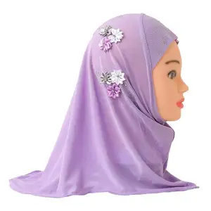 SS2638 Turki Hot Sale Muslim Selendang Hijab Instan untuk 2-7 Tahun dengan Bunga Warna Solid Anak Muslim Hijab
