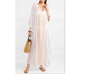 Loose Holiday Beach Embroidery Dress Women Summer Kaftan Maxi Long Dresses Tassels Plus Size Clothes Stb-0307 Casual Dresses