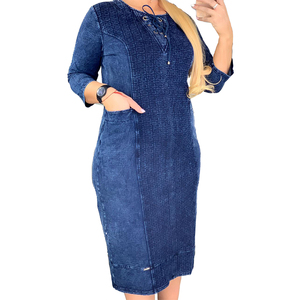 talla grande azul a cuadros Falda de tubo de tela vaquera suelta cuello redondo encaje hasta tres cuartos vestido largo - Product Image 1