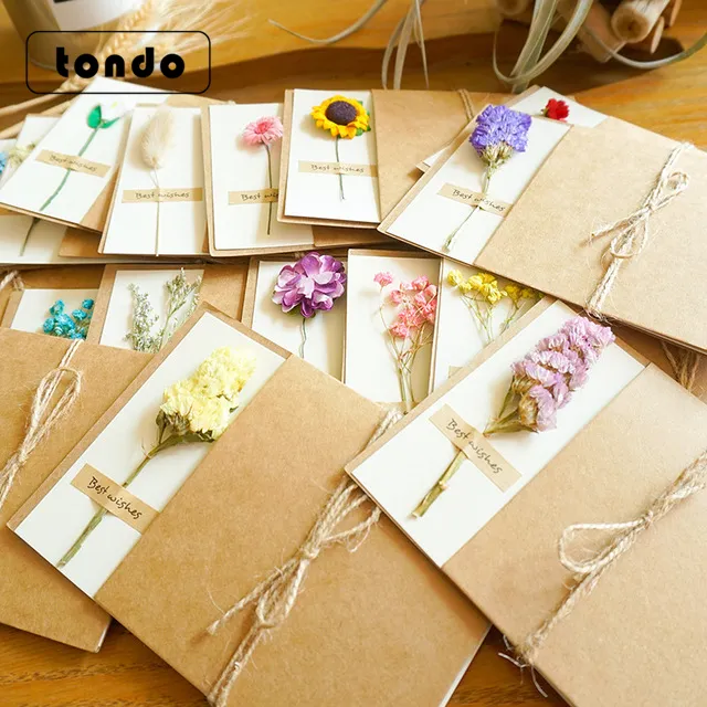 Tondo retro kraft kağıt babalar günü anneler günü doğum günü el yapımı kağıt kuru çiçekler tebrik kartları