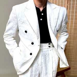 Completo <span class=keywords><strong>da</strong></span> <span class=keywords><strong>Uomo</strong></span> Estivo <span class=keywords><strong>in</strong></span> <span class=keywords><strong>Lino</strong></span> 100% Italiano, Sottile, Doppiopetto, con Colletto a Revers, Stile Napoli - Product Image 3