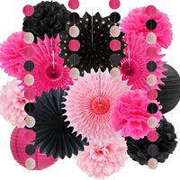 Décorations de fête rose vif pour filles et femmes, pompons en tissu rose vif et noir, éventails suspendus, lanternes, pour enterrement de vie de jeune fille, mariage, anniversaire