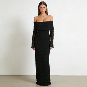 Abiti da donna neri con spalle scoperte, collo ampio, maniche lunghe in <span class=keywords><strong>pizzo</strong></span> testurizzato, abiti da sera lunghi aderenti per feste - Product Image 1
