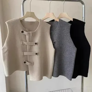 <strong>Women</strong> Elegant Vest Solid Color 2024 Spring Autumn Knitted Waistcoat Female Vintage <strong>Sleeveless</strong> <strong>Cardigan</strong> - Product Image 6