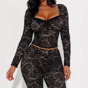 Conjunto de Pantalones de Cintura Alta y Top Transparente de Encaje Sexy y Elegante para Mujer, Estilo Europeo y Americano, Nuevo y en Oferta - Product Image 1