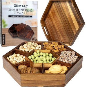 ZEMTAC Solid Wood Hexagonal Serving <b>Tray</b> With Compartment For Nuts Dried Fruits <b>Snacks</b> And Coffee Tea Set - Product Image 3