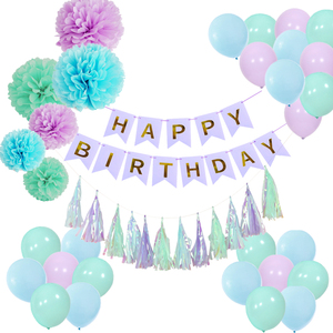 Eastern Fancy Paper Mermaid Themed Birthday Party Decoration Kit Pompoms <strong>Tassels</strong> <strong>Balloons</strong> Light Purple/Light Blue/Mint Wall - Product Image 1