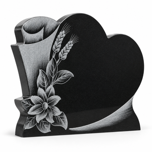 Pierre tombale en granit noir absolu, sculptée à la main, avec gravure florale en relief, pierre commémorative, pierre tombale - Product Image 2
