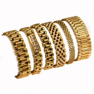Bracelet jonc personnalisé en acier inoxydable plaqué or 18 carats avec pierres précieuses pour femmes et hommes, style bracelet de montre, vente en gros - Product Image 1