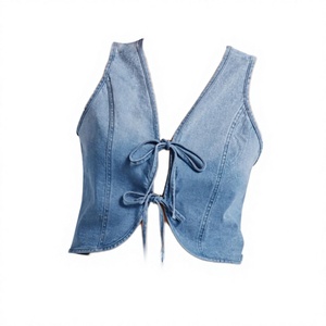 Chaleco vaquero halter para mujer con lazo frontal, estilo casual, corto, de color liso y lavado. - Product Image 3