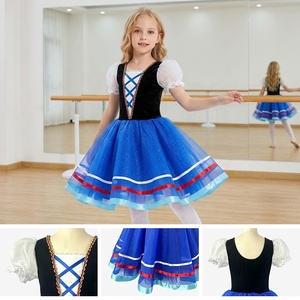 Robe Tutu de Ballet Style Folklore Bleu Royal pour Filles, Manches Courtes Bouffantes, Ourlet Rayé, Jupe en Tulle, Costume de Scène de Ballet, Fabrication en Usine - Product Image 1