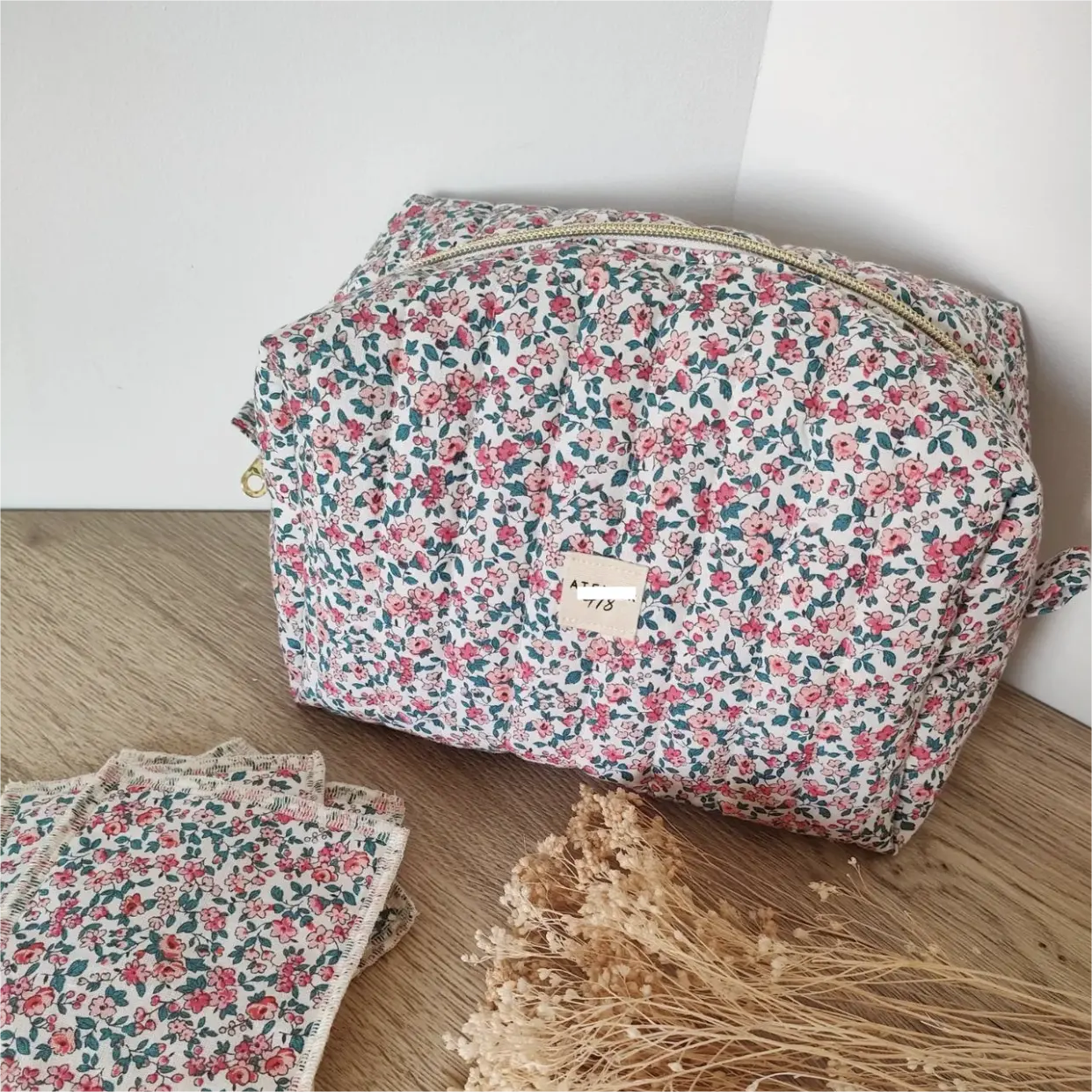 Monedero de belleza de algodón orgánico 100%, accesorios para niñas, bolsas de cosméticos grandes florales, neceser de viaje con patrón acolchado