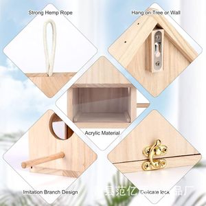 Nichoir en bois avec corde de suspension, couleur bois naturel, décoration extérieure pour colibris et pinsons - Product Image 2