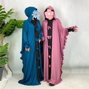 New Event Double Hoods Long <b>Kaftan</b> Abaya 2 Colors Patchwork with Edged Ruffles and Bows for Muslim Women 6884# - Product Image 4
